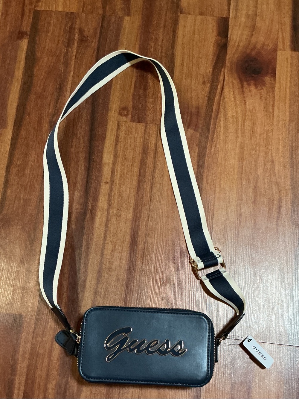 GUESS Black Crossbody Bag with Cream-Trimmed Striped Strap nwt fashion